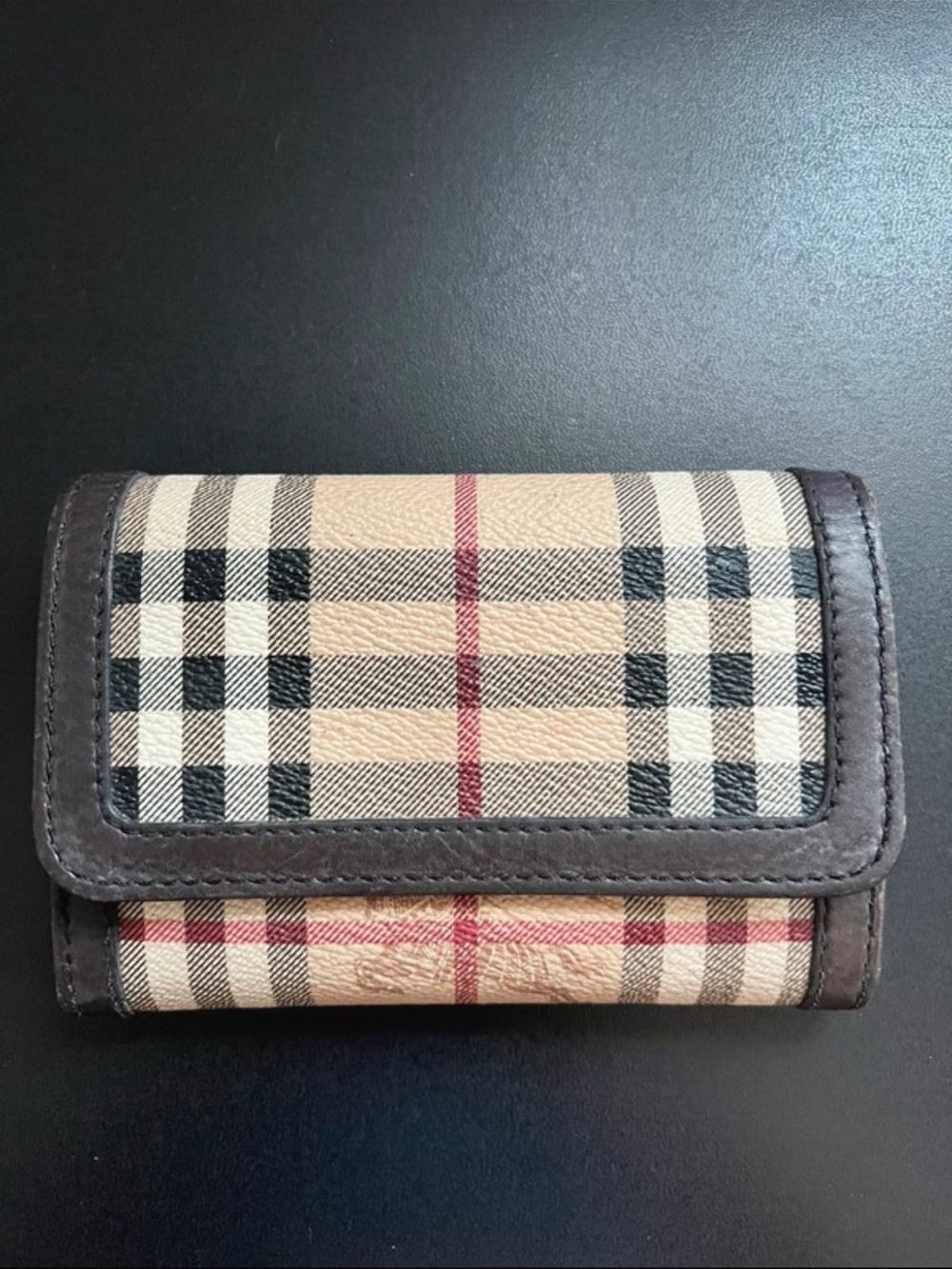 Burberry Check Card Wallet with Dark Brown Trim and Red Accent